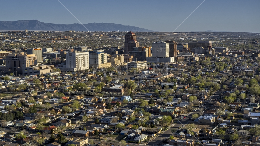 The city's high-rises seen from neighborhoods in Downtown Albuquerque, New Mexico Aerial Stock Photo DXP002_122_0002 | Axiom Images