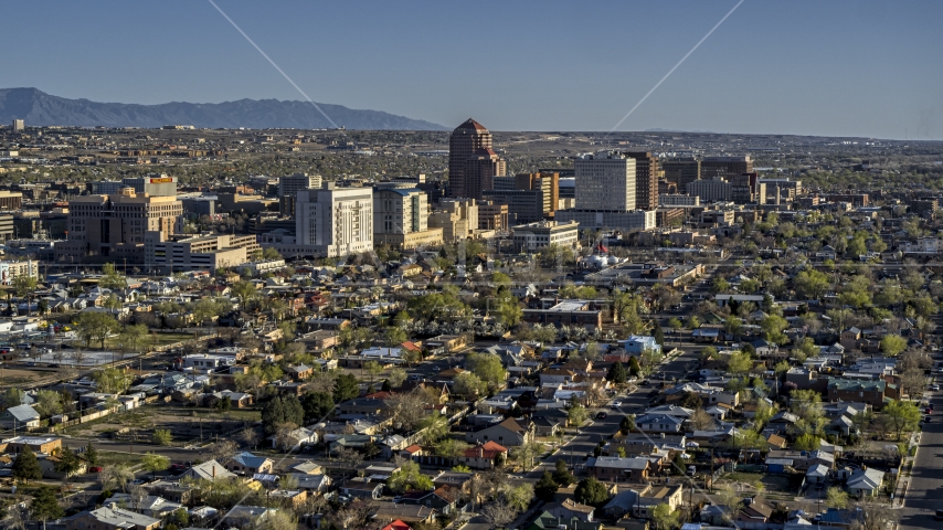 The city's high-rises seen from neighborhoods in Downtown Albuquerque, New Mexico Aerial Stock Photo DXP002_122_0003 | Axiom Images