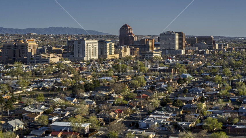 A view of the city's high-rises from neighborhoods, Downtown Albuquerque, New Mexico Aerial Stock Photo DXP002_122_0004 | Axiom Images
