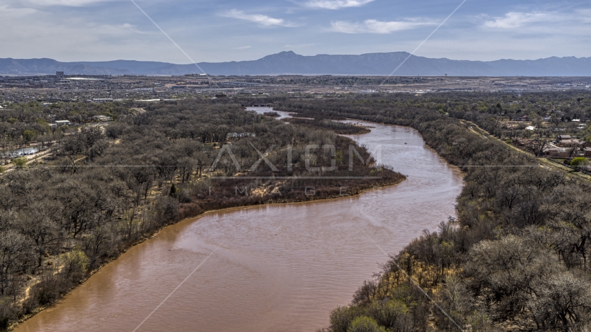 The Rio Grande river in Albuquerque, New Mexico Aerial Stock Photo DXP002_124_0005 | Axiom Images