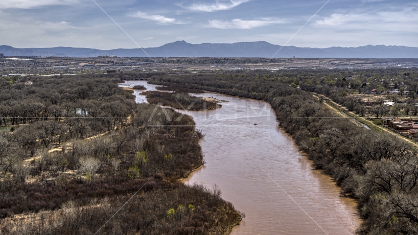 The Rio Grande, small islands in the river in Albuquerque, New Mexico Aerial Stock Photo DXP002_124_0006 | Axiom Images