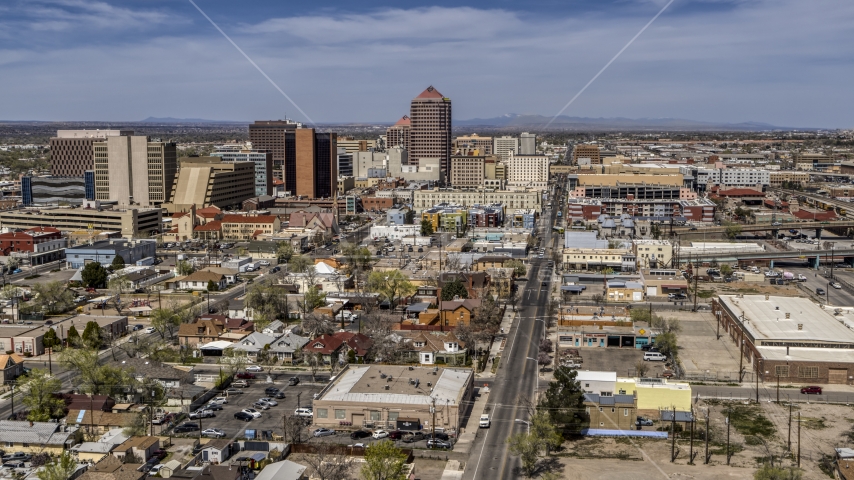 Wide view of Albuquerque Plaza and surrounding buildings, Downtown Albuquerque, New Mexico Aerial Stock Photo DXP002_124_0011 | Axiom Images