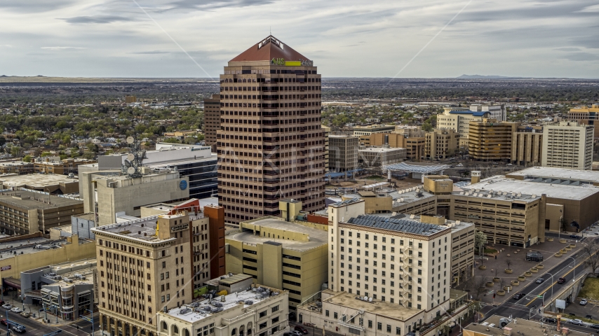 A view of Albuquerque Plaza and neighboring city buildings in Downtown Albuquerque, New Mexico Aerial Stock Photo DXP002_127_0004 | Axiom Images