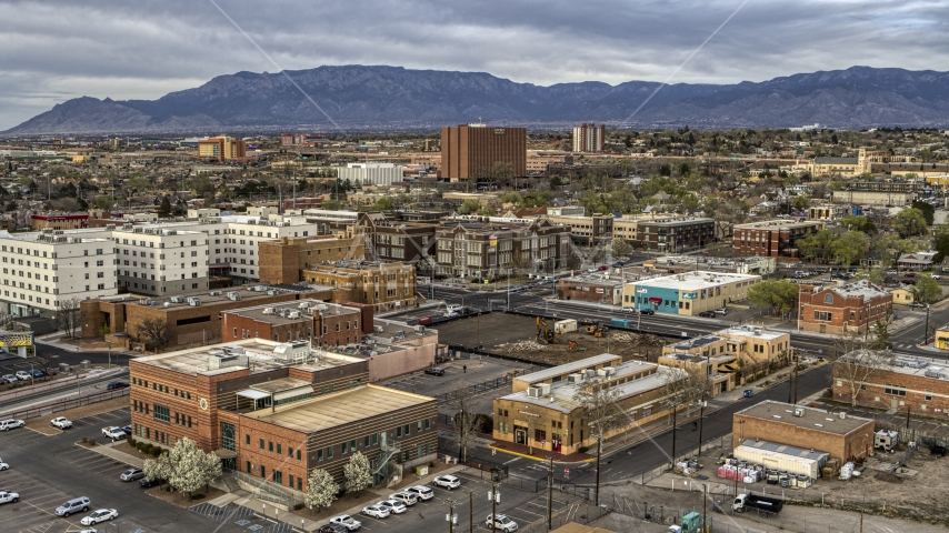 Office and apartment buildings in Downtown Albuquerque, New Mexico Aerial Stock Photo DXP002_127_0005 | Axiom Images
