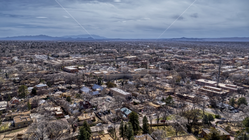 The downtown area and surrounding city of Santa Fe, New Mexico Aerial Stock Photo DXP002_129_0010 | Axiom Images