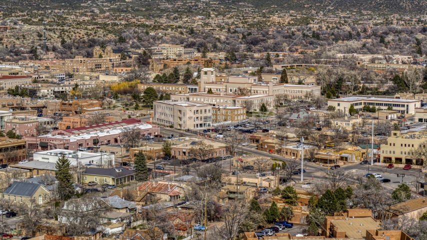 A view of state government buildings in the city's downtown area, Santa Fe, New Mexico Aerial Stock Photo DXP002_129_0017 | Axiom Images