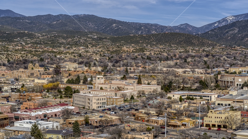 The Bataan Memorial Building near capitol building, Santa Fe, New Mexico Aerial Stock Photo DXP002_129_0018 | Axiom Images