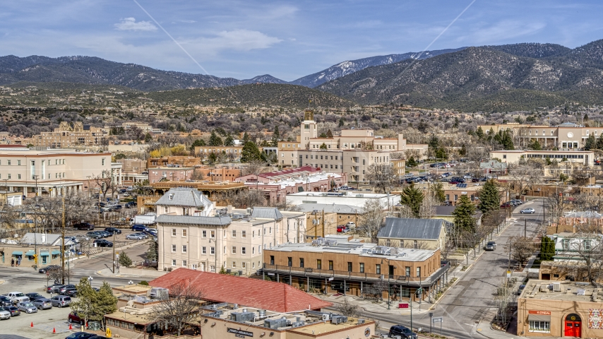 The Bataan Memorial Building near capitol building and shops, Santa Fe, New Mexico Aerial Stock Photo DXP002_130_0001 | Axiom Images