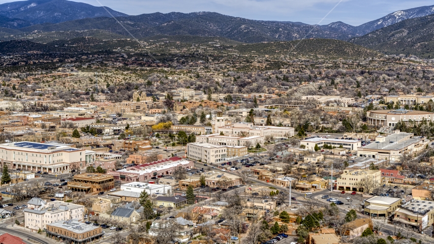 Bataan Memorial Building and city buildings in Santa Fe, New Mexico Aerial Stock Photo DXP002_130_0003 | Axiom Images