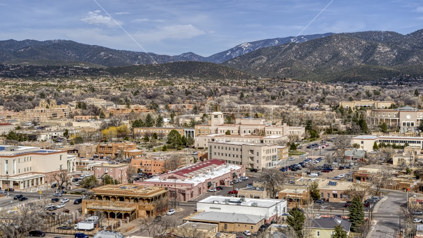 A view of the Bataan Memorial Building in Santa Fe, New Mexico Aerial Stock Photo DXP002_130_0004 | Axiom Images