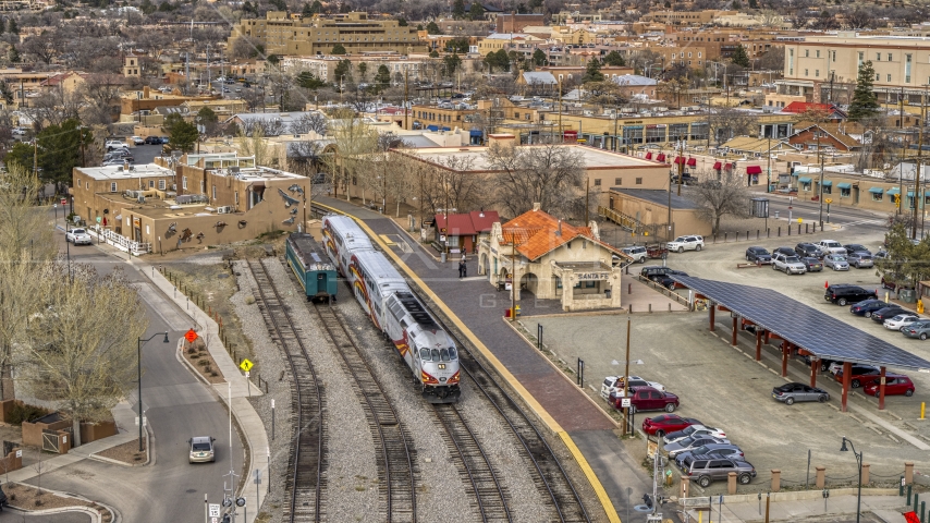 A passenger train at the station in Santa Fe, New Mexico Aerial Stock Photo DXP002_130_0007 | Axiom Images