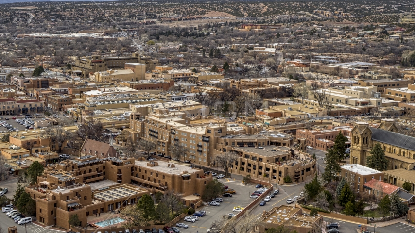 A view of two hotels in Santa Fe, New Mexico Aerial Stock Photo DXP002_130_0009 | Axiom Images