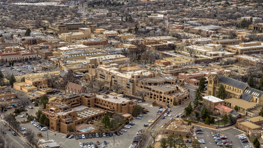 Two downtown hotels in Santa Fe, New Mexico Aerial Stock Photo DXP002_130_0010 | Axiom Images