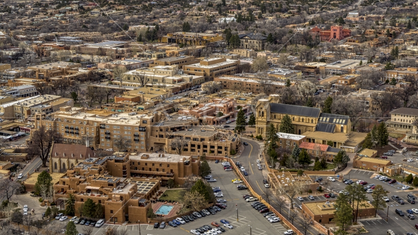 Two hotels and a cathedral in Santa Fe, New Mexico Aerial Stock Photo DXP002_130_0011 | Axiom Images