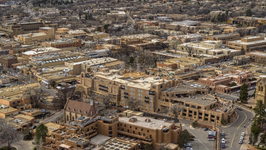 A view of a downtown hotel in Santa Fe, New Mexico Aerial Stock Photo DXP002_130_0012 | Axiom Images