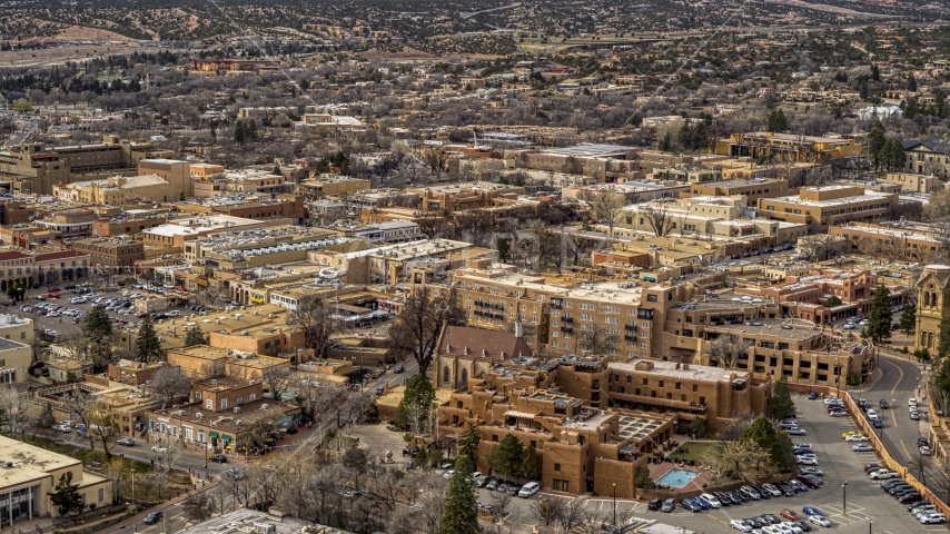 Downtown hotels in Santa Fe, New Mexico Aerial Stock Photo DXP002_130_0013 | Axiom Images