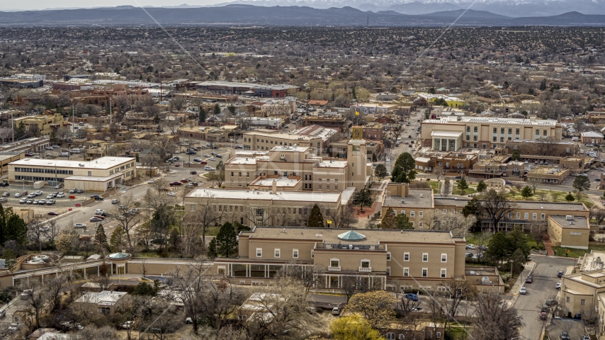 The Bataan Memorial Building in downtown, Santa Fe, New Mexico Aerial Stock Photo DXP002_130_0014 | Axiom Images