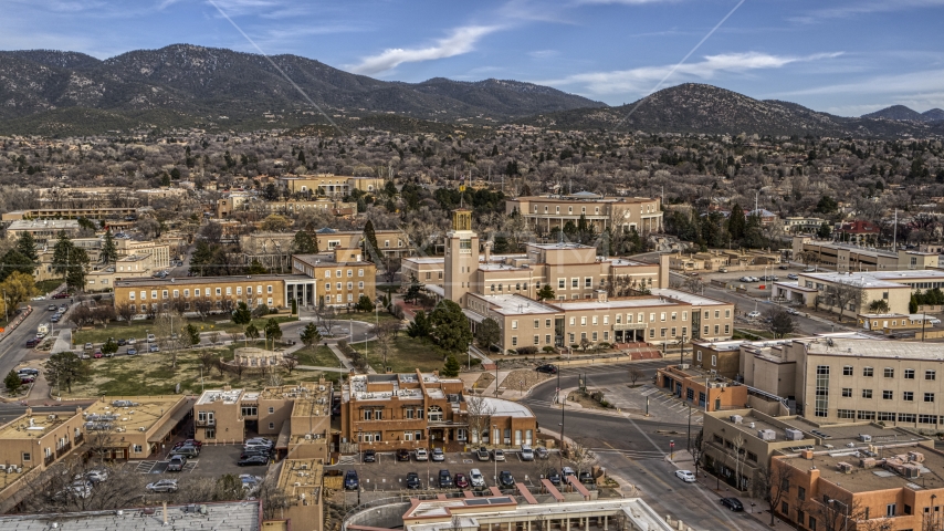 The Bataan Memorial Building and the state capitol in Santa Fe, New Mexico Aerial Stock Photo DXP002_131_0003 | Axiom Images