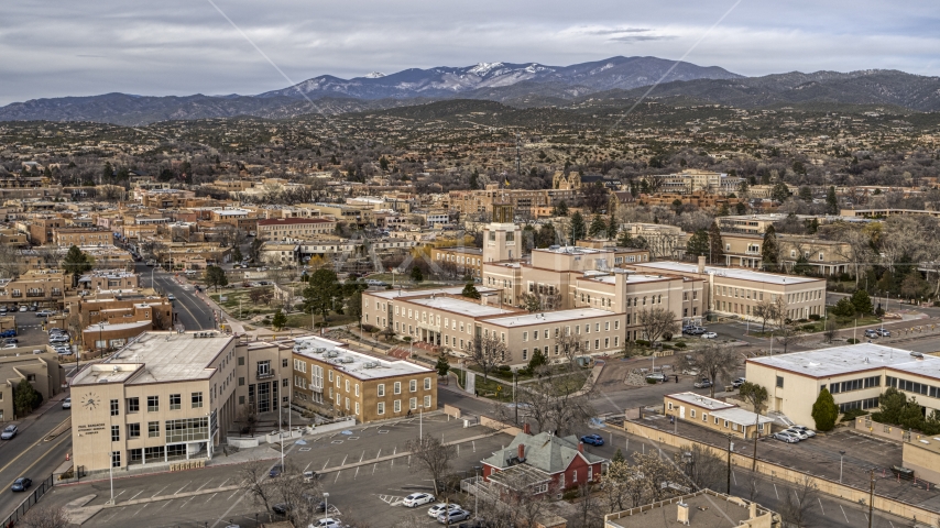 The Bataan Memorial Building and the downtown area of the city, Santa Fe, New Mexico Aerial Stock Photo DXP002_131_0004 | Axiom Images