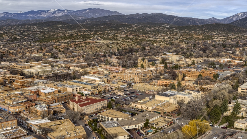 A view across the downtown area of Santa Fe, New Mexico Aerial Stock Photo DXP002_131_0005 | Axiom Images