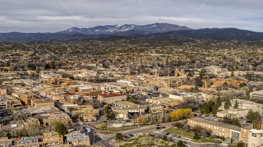 A wide view of the downtown area of Santa Fe, New Mexico Aerial Stock Photo DXP002_131_0009 | Axiom Images