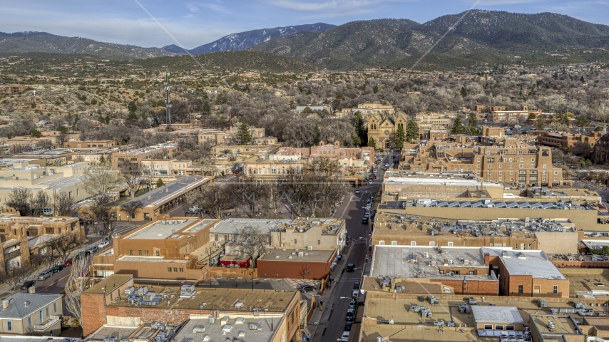 Santa Fe Plaza and cathedral in downtown, Santa Fe, New Mexico Aerial Stock Photo DXP002_131_0010 | Axiom Images