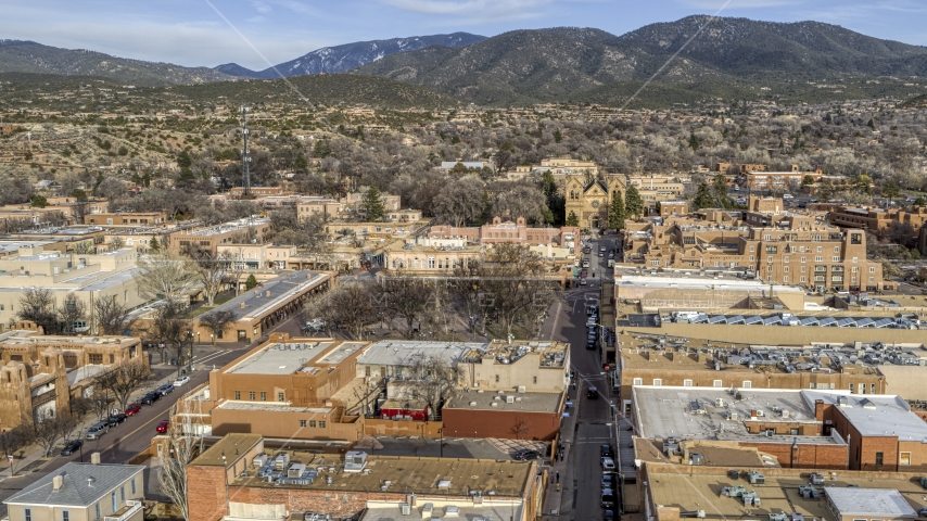 A view of Santa Fe Plaza and cathedral in downtown, Santa Fe, New Mexico Aerial Stock Photo DXP002_131_0011 | Axiom Images