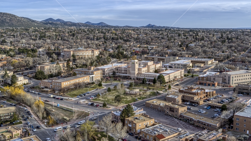 The state capitol and the Bataan Memorial Building in Santa Fe, New Mexico Aerial Stock Photo DXP002_131_0013 | Axiom Images