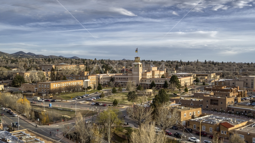 The front of the Bataan Memorial Building in Santa Fe, New Mexico Aerial Stock Photo DXP002_131_0014 | Axiom Images