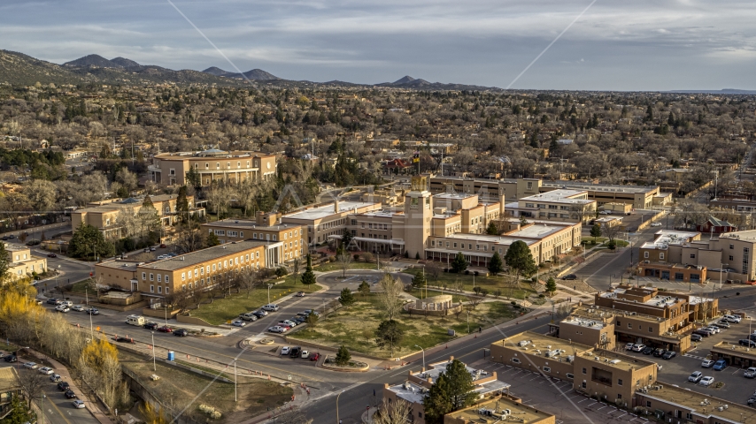 The Bataan Memorial Building beside the state capitol building, Santa Fe, New Mexico Aerial Stock Photo DXP002_131_0015 | Axiom Images