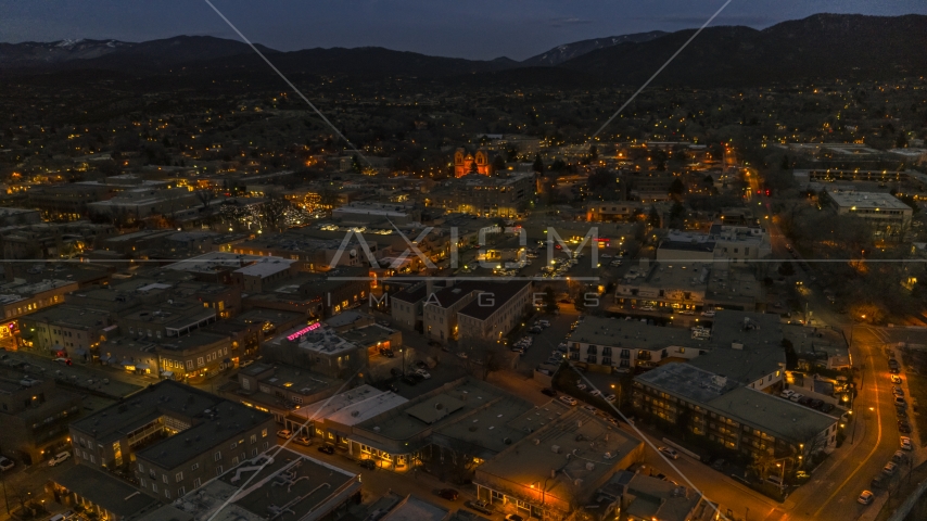 A view across downtown to cathedral at night, Santa Fe, New Mexico Aerial Stock Photo DXP002_132_0005 | Axiom Images