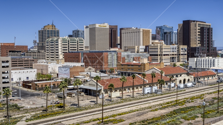 The city skyline seen from a train station in Downtown Phoenix, Arizona Aerial Stock Photo DXP002_136_0004 | Axiom Images