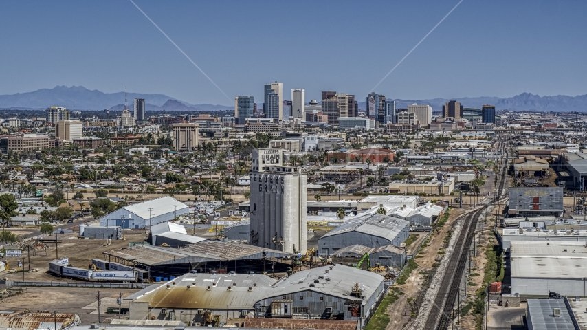A wide view of the city's skyline, seen from grain elevator, Downtown Phoenix, Arizona Aerial Stock Photo DXP002_136_0008 | Axiom Images