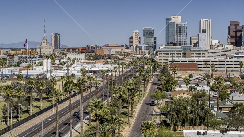 Palm trees lining a street leading to tall office buildings in Downtown Phoenix, Arizona Aerial Stock Photo DXP002_137_0003 | Axiom Images