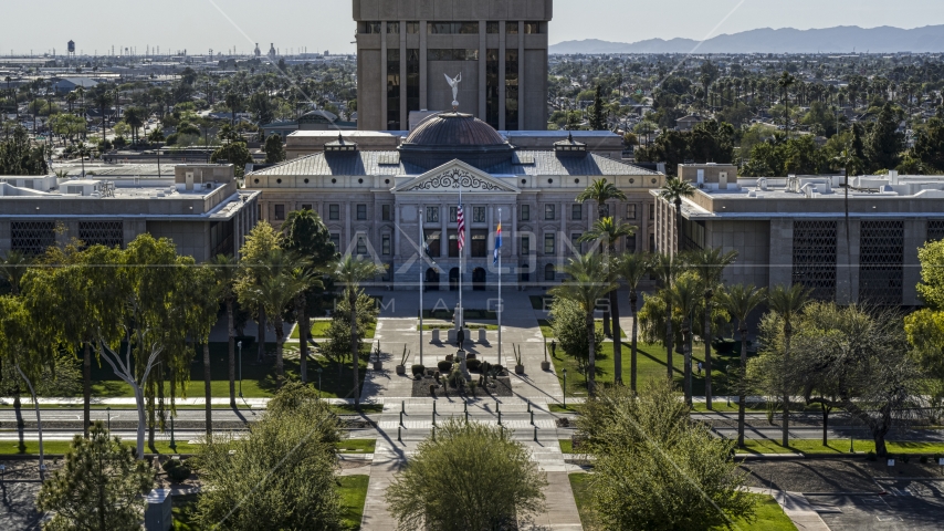 The front of Arizona State Capitol building in Phoenix, Arizona Aerial Stock Photo DXP002_137_0004 | Axiom Images