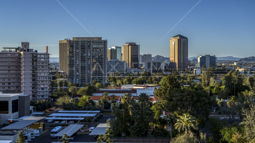High-rise apartment buildings near tall office buildings in Phoenix, Arizona Aerial Stock Photo DXP002_138_0009 | Axiom Images