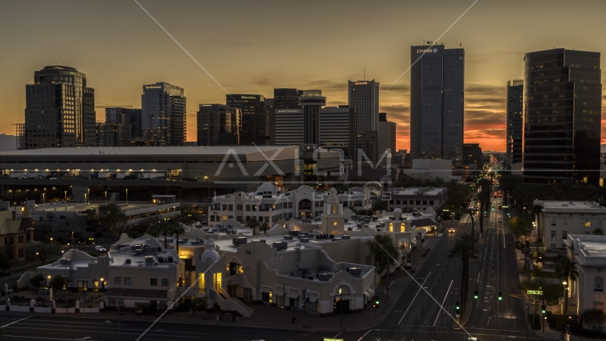 The city's office high-rises at sunset in Downtown Phoenix, Arizona Aerial Stock Photo DXP002_139_0006 | Axiom Images