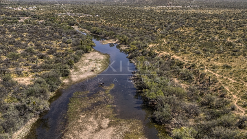 A group of horses beside a shallow desert river Aerial Stock Photo DXP002_141_0003 | Axiom Images