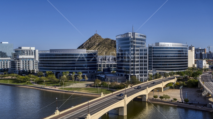 Modern office buildings seen from a bridge in Tempe, Arizona Aerial Stock Photo DXP002_142_0001 | Axiom Images
