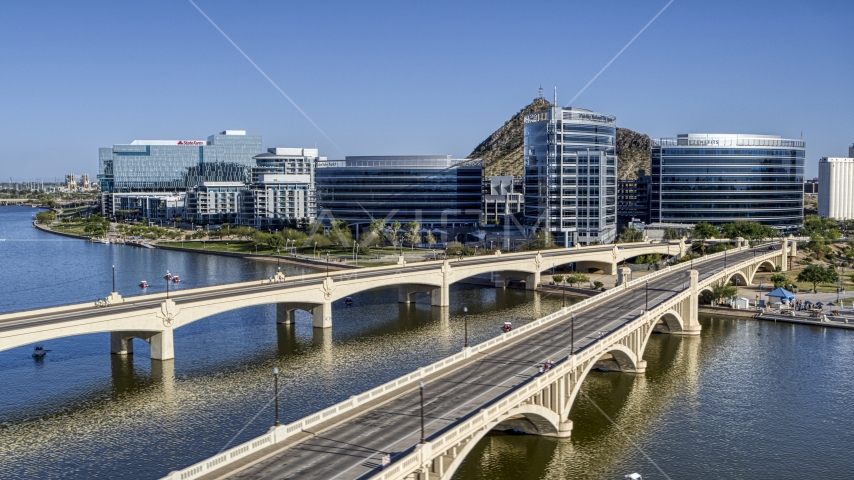 Bridges leading to waterfront office buildings in Tempe, Arizona Aerial Stock Photo DXP002_142_0005 | Axiom Images