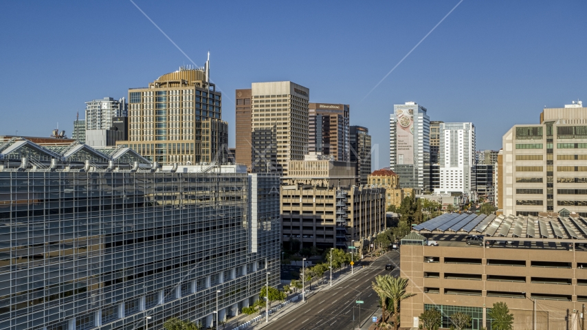 A group of high-rise office buildings in Downtown Phoenix, Arizona Aerial Stock Photo DXP002_142_0010 | Axiom Images