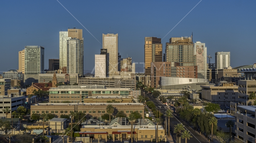 The city's skyline at sunset in Downtown Phoenix, Arizona Aerial Stock Photo DXP002_143_0004 | Axiom Images