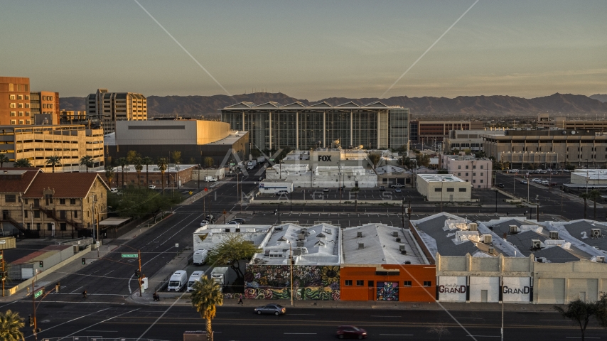 A performing arts theater, federal courthouse and TV station at sunset, Downtown Phoenix, Arizona Aerial Stock Photo DXP002_143_0008 | Axiom Images