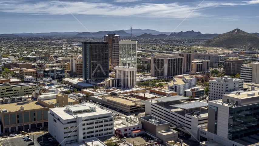Office high-rises and Sentinel Peak, Downtown Tucson, Arizona Aerial Stock Photo DXP002_144_0001 | Axiom Images