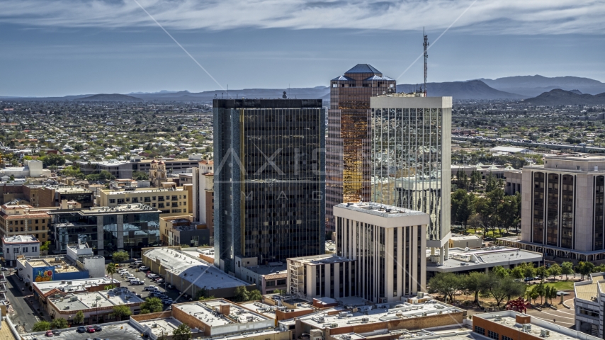 Three tall office high-rises in Downtown Tucson, Arizona Aerial Stock Photo DXP002_144_0004 | Axiom Images