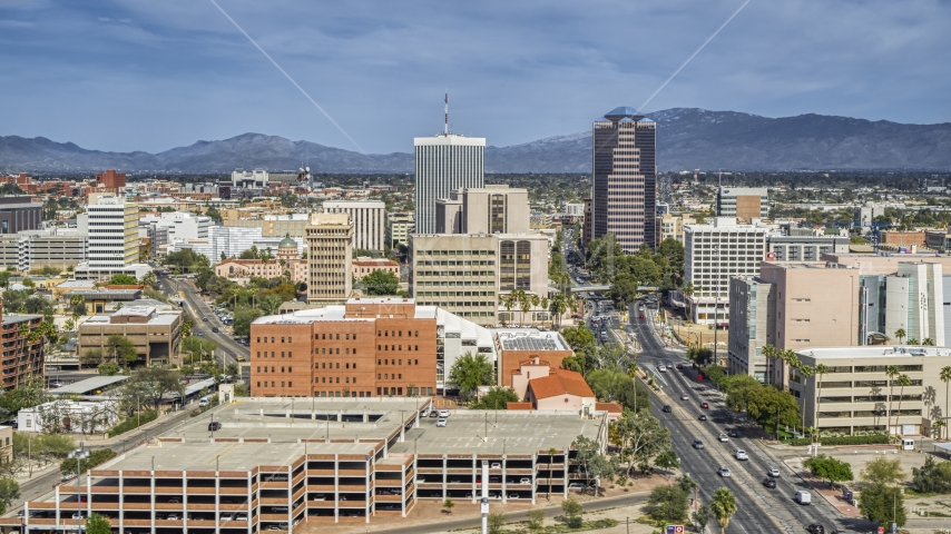 Tall high-rise office towers and city buildings in Downtown Tucson, Arizona Aerial Stock Photo DXP002_144_0008 | Axiom Images