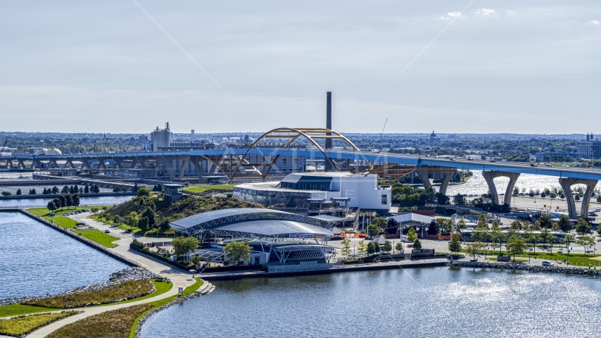 Waterfront concert venues in Downtown Milwaukee, Wisconsin Aerial Stock Photo DXP002_149_0003 | Axiom Images