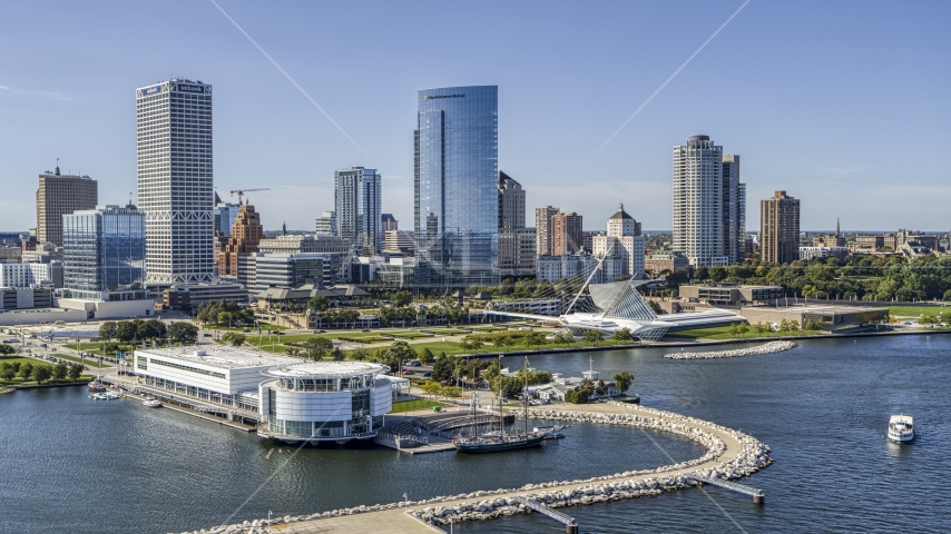 A view of city buildings near the waterfront museum in Downtown Milwaukee, Wisconsin Aerial Stock Photo DXP002_149_0004 | Axiom Images