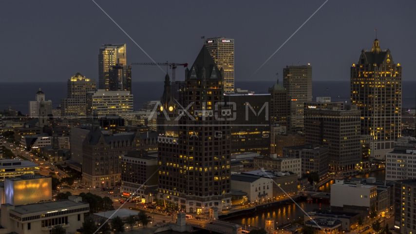 A riverfront office tower at night, Downtown Milwaukee, Wisconsin Aerial Stock Photo DXP002_151_0001 | Axiom Images