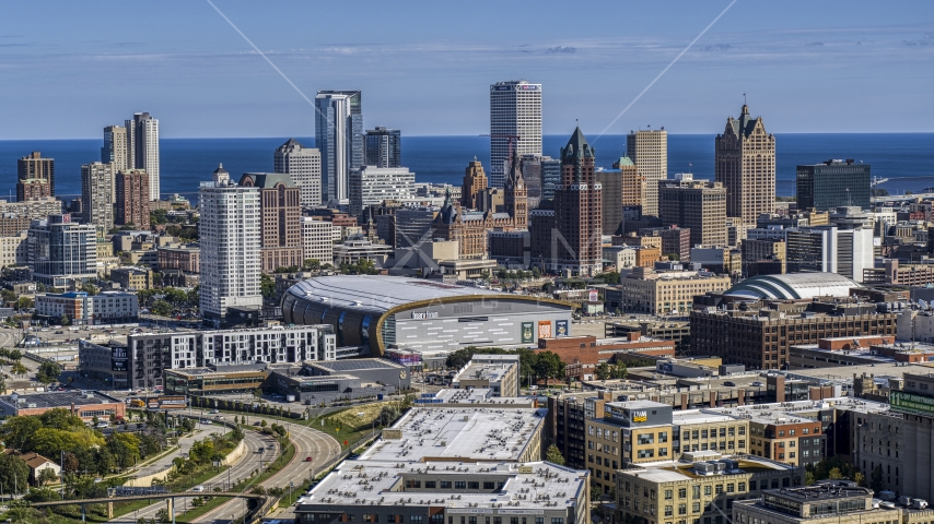 The city's skyline in Downtown Milwaukee, Wisconsin, seen from industrial buildings Aerial Stock Photo DXP002_152_0001 | Axiom Images